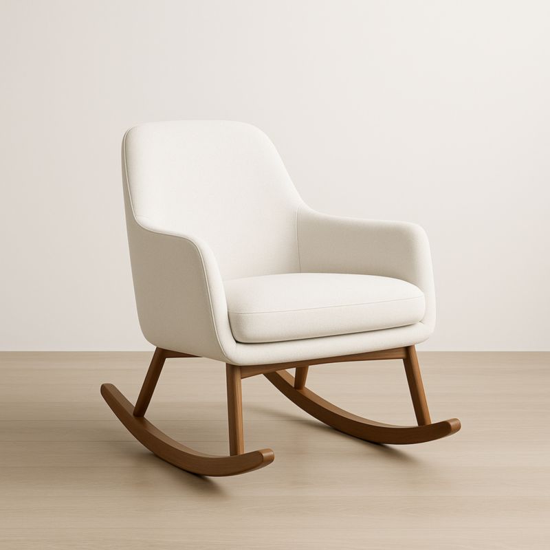 Fauteuil à bascule en tissu polyester blanc et bois massif