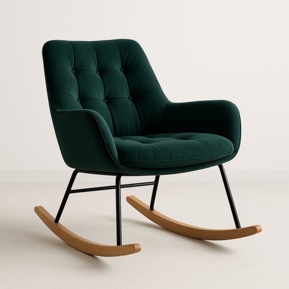 Fauteuil à bascule en velours vert, cadre métallique, pieds en bois 90cm