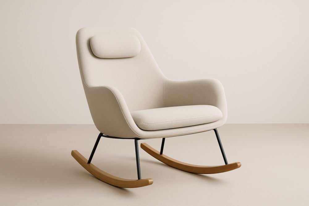 Fauteuil à bascule en tissu beige avec structure métallique et bois