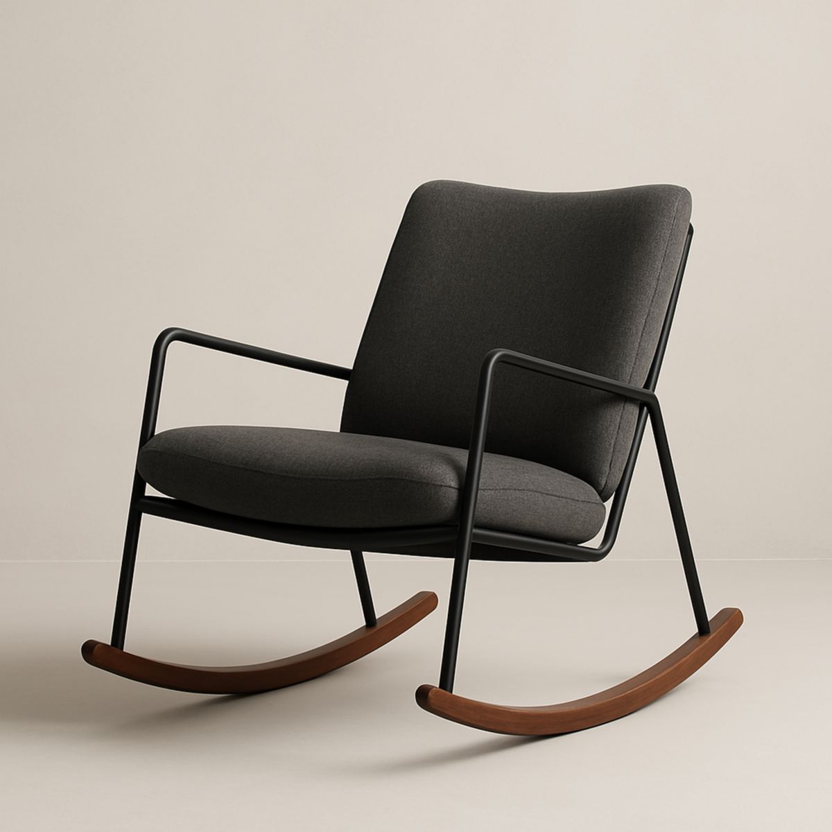 Fauteuil à bascule en tissu gris et métal avec pieds en bois