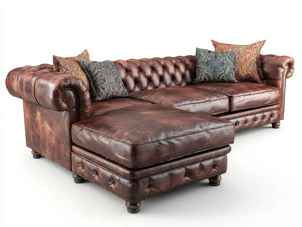 Sofá rinconera de cuero 295x170x88 cm - marrón oscuro - para salón - estilo clásico-Denuphome