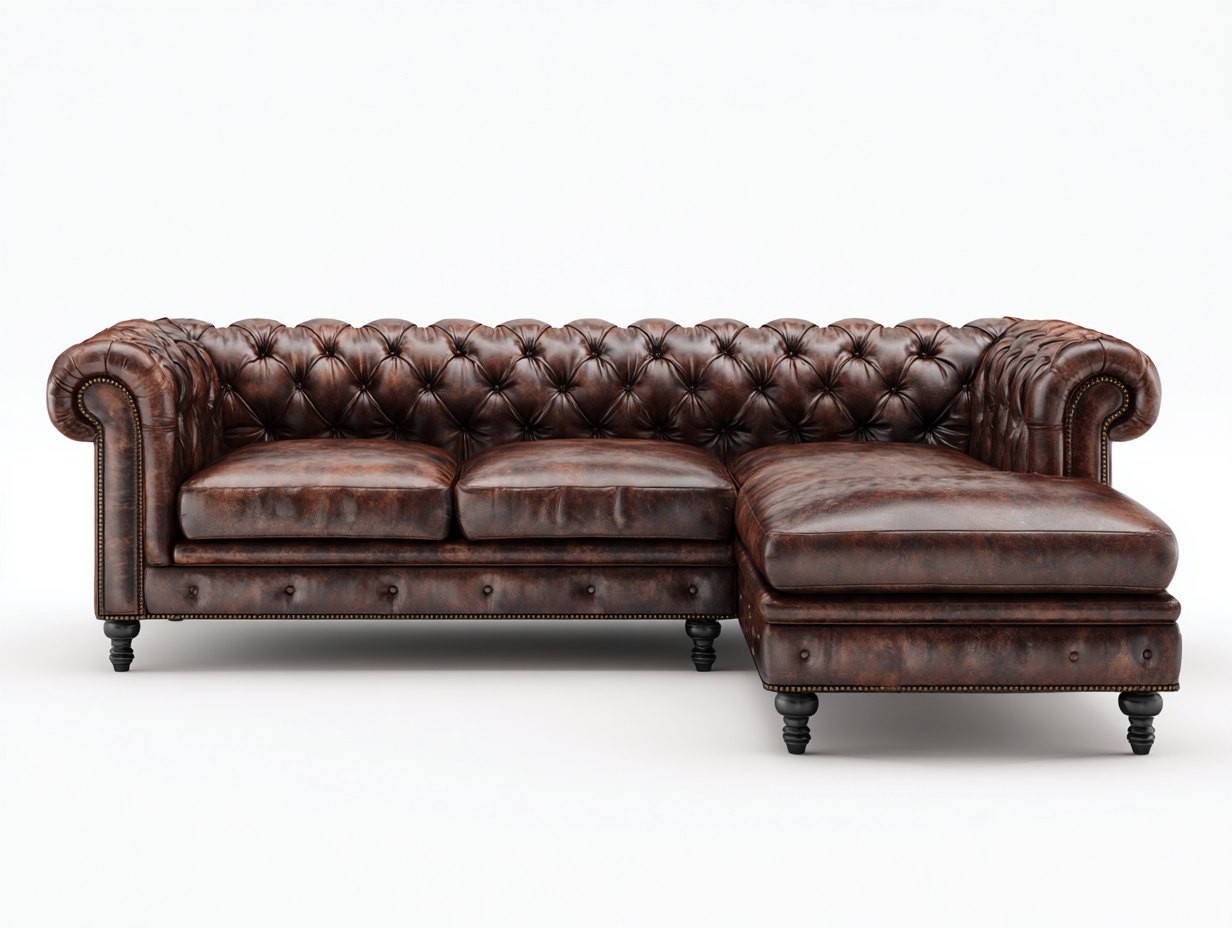 Sofá rinconera de cuero auténtico 295 x170 x78cm - marrón oscuro/negro - para salón - estilo clásico-Denuphome