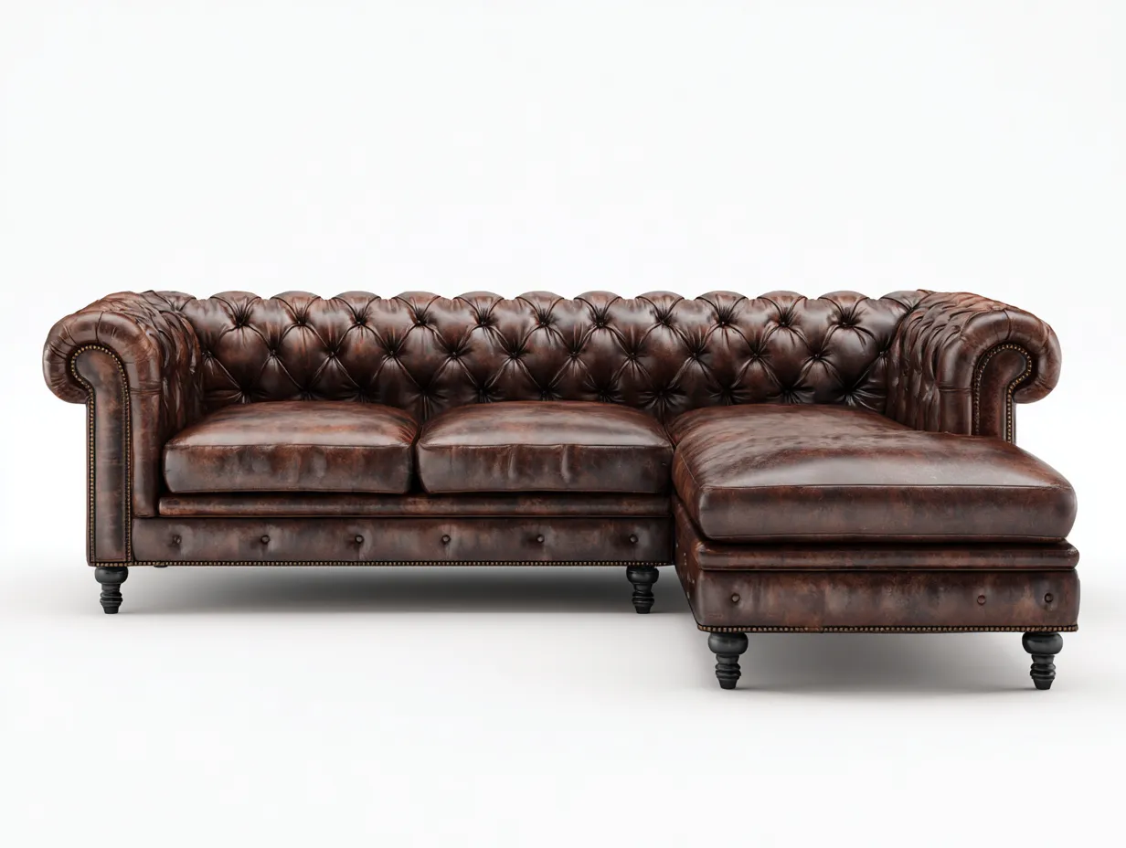 Sofá rinconera de cuero auténtico 295 x170 x78cm - marrón oscuro/negro - para salón - estilo clásico-Denuphome