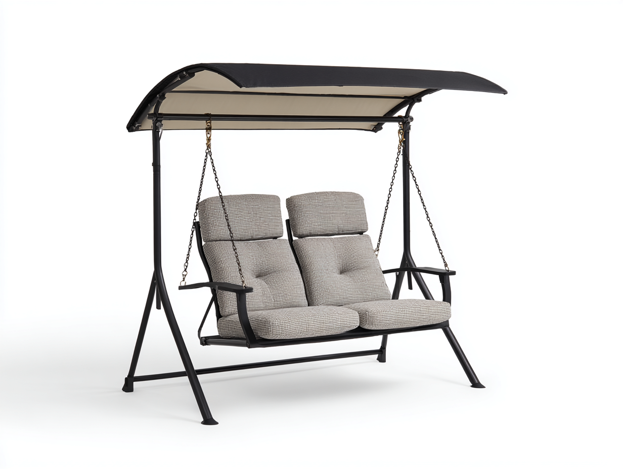 Columpio de jardín doble de metal y tela 175 x120 x195cm - gris/negro - para jardín - con toldo superior-Denuphome