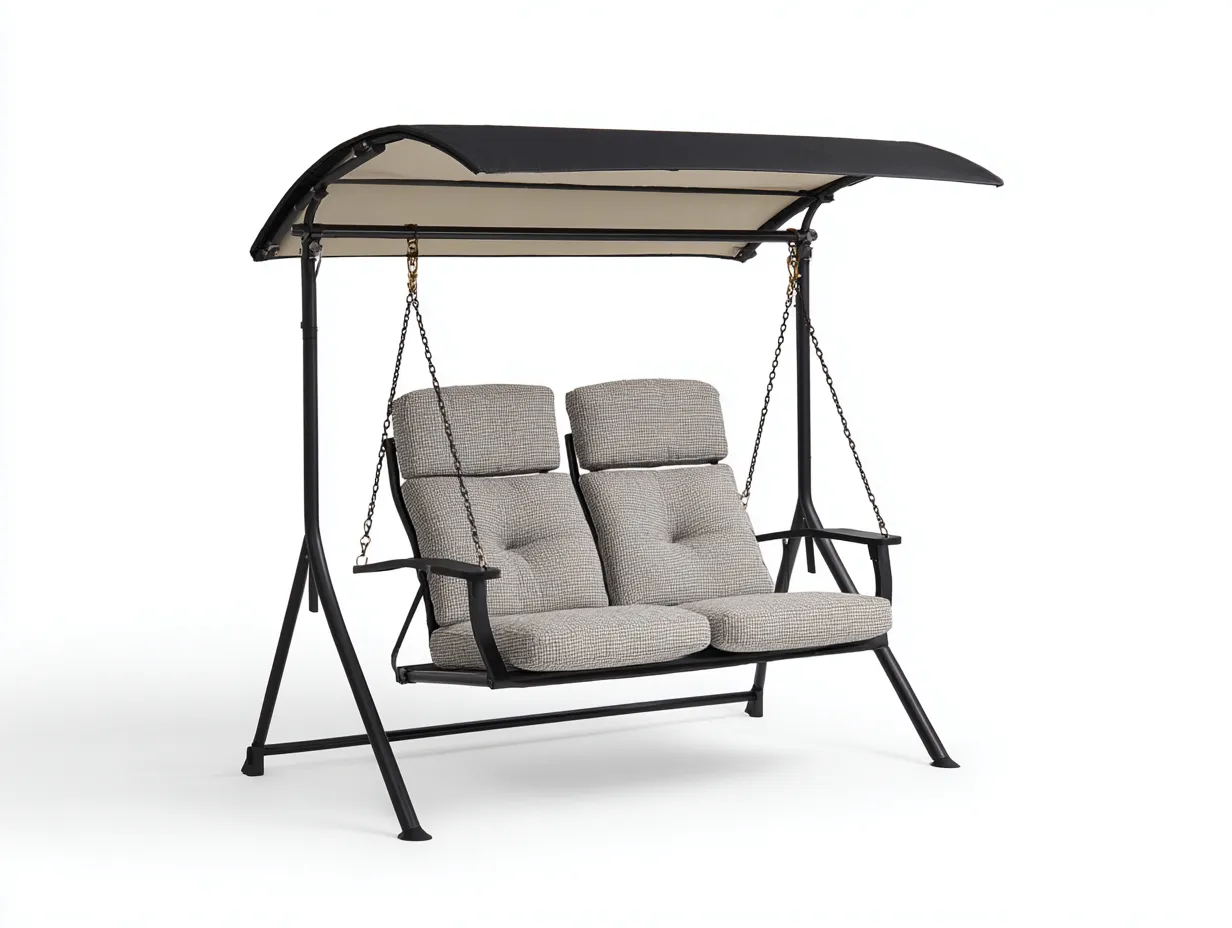 Columpio de jardín doble de metal y tela 175 x120 x195cm - gris/negro - para jardín - con toldo superior-Denuphome