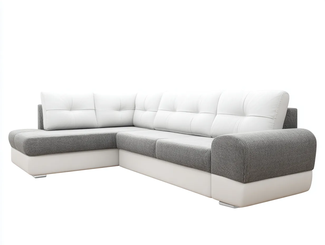 Sofá rinconera tapizado en tela y piel sintética 285x165x85 cm - blanco/gris claro - para salón - diseño moderno-Denuphome