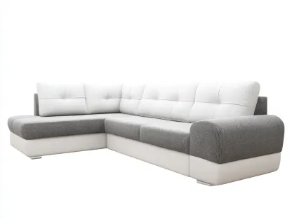 Sofá rinconera tapizado en tela y piel sintética 285x165x85 cm - blanco/gris claro - para salón - diseño moderno-Denuphome