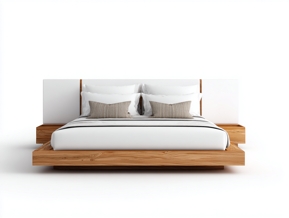Cama doble de madera y tapizado 200 x160 x105cm - blanco/madera natural - para dormitorio - diseño moderno-Denuphome
