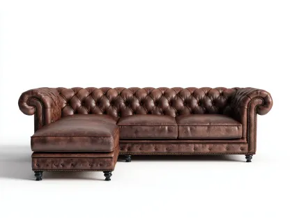 Sofá rinconera de cuero auténtico 285 x170 x78cm - marrón oscuro - para salón - estilo clásico-Denuphome