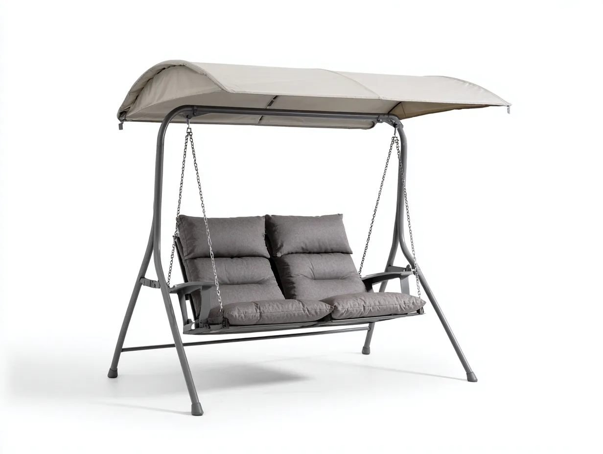 Columpio de jardín para dos personas de metal y tela 170x110x165 cm - gris/beige - para exterior - con toldo-Roommyshop