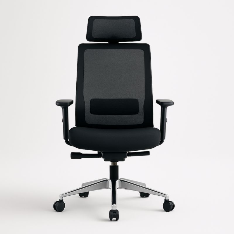 Chaise de bureau en maille noire avec appuie-tête réglable et base en aluminium