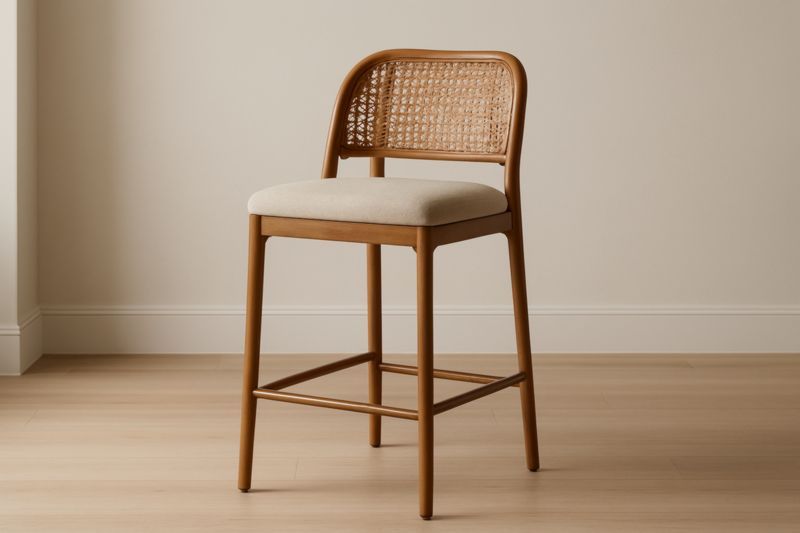 Tabouret de bar en bois avec dossier en cannage et assise beige