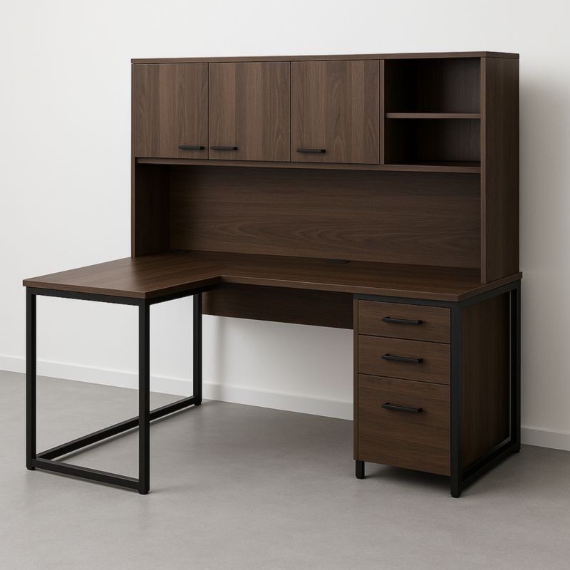 Bureau d'angle en bois métal avec armoire et tiroirs 150x150x75 cm