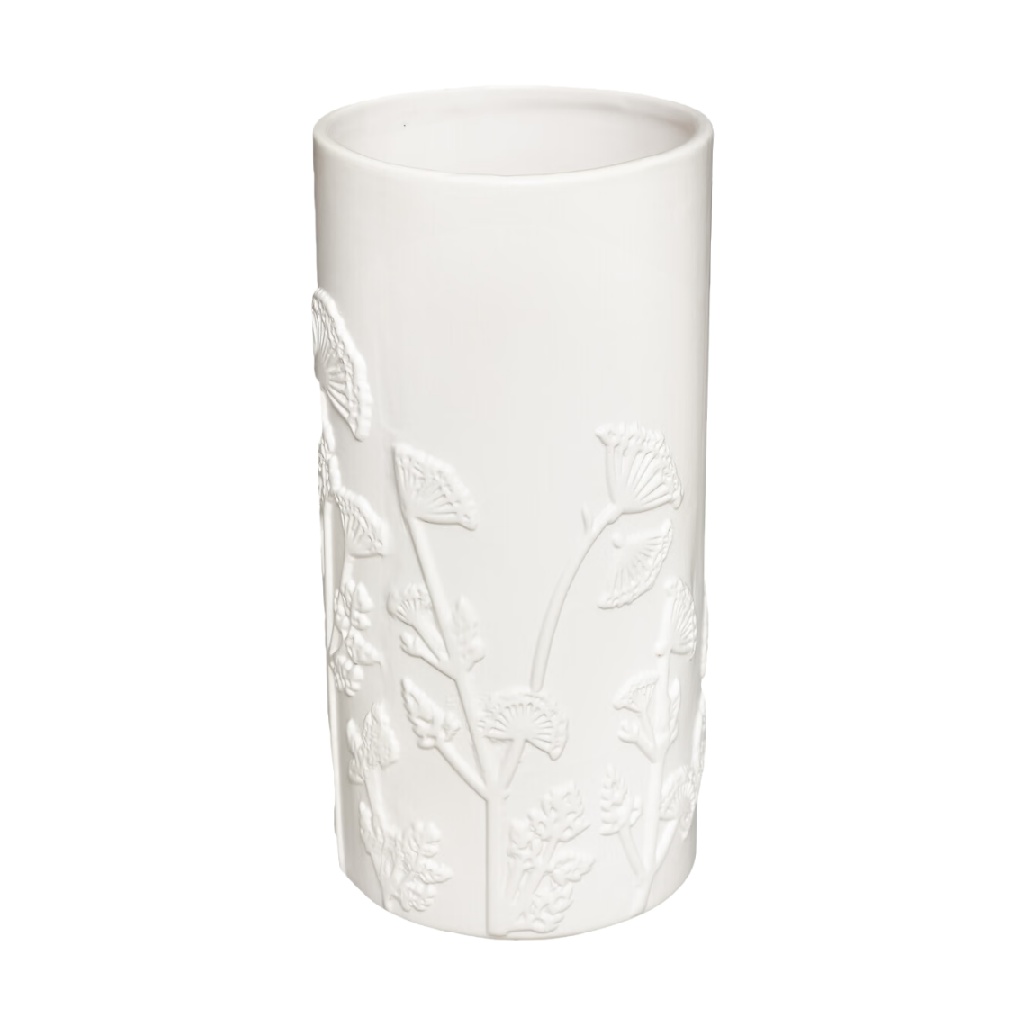 Jarrón decorativo de cerámica blanca con relieve floral-susanwagelie.shop