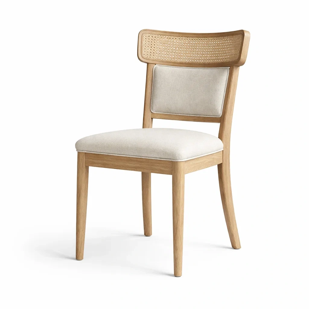 Sedia da Pranzo in Legno e Rattan con Seduta Imbottita Beige-FURNICRATE