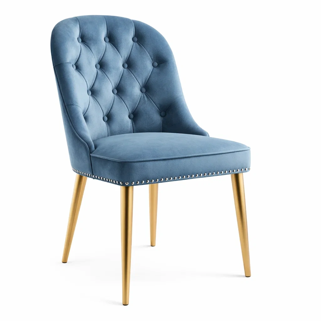 Sedia in velluto blu con gambe in metallo dorato-FURNICRATE
