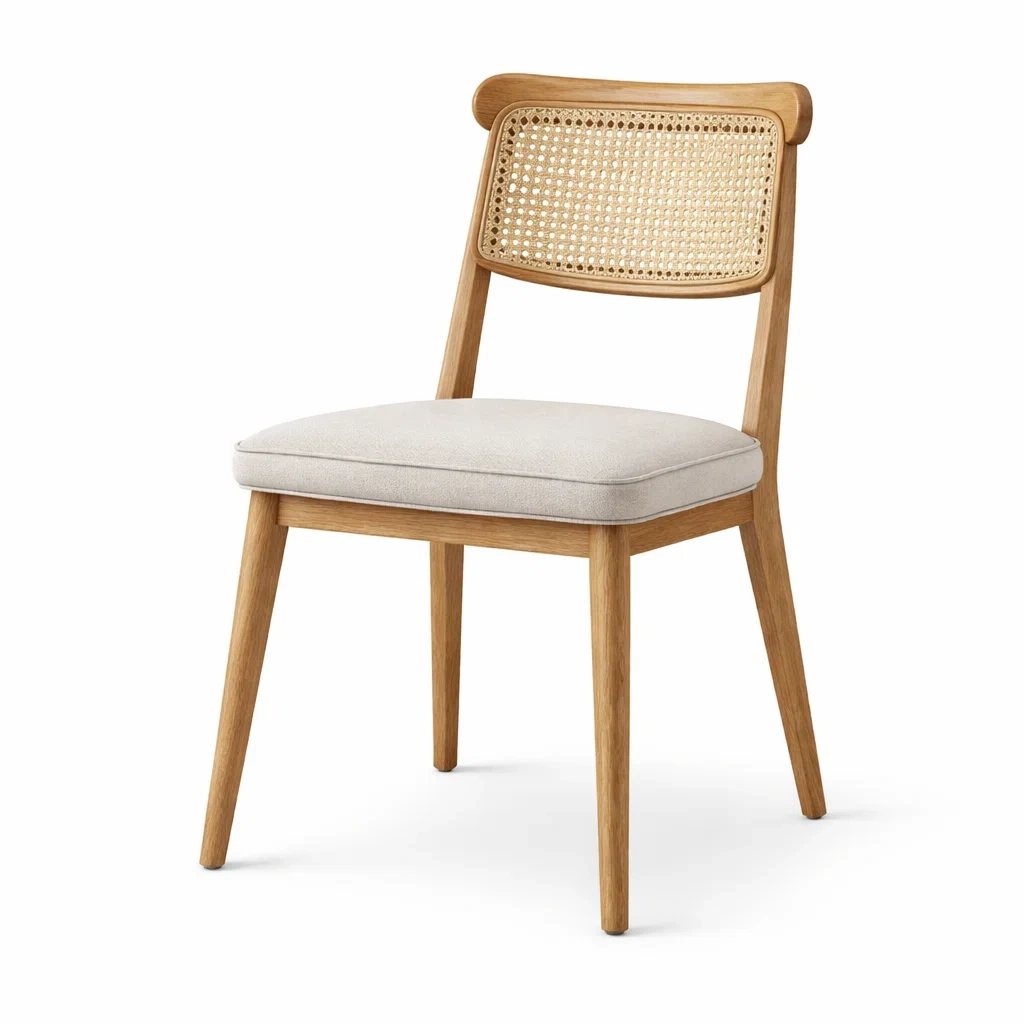 Sedia in Legno di Rovere con Schienale in Rattan e Seduta Imbottita-FURNICRATE