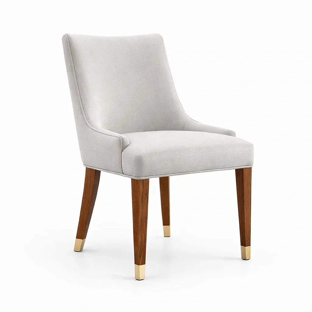 Sedia in Tessuto Poliestere Grigio con Gambe in Legno e Decorazioni in Metallo-FURNICRATE