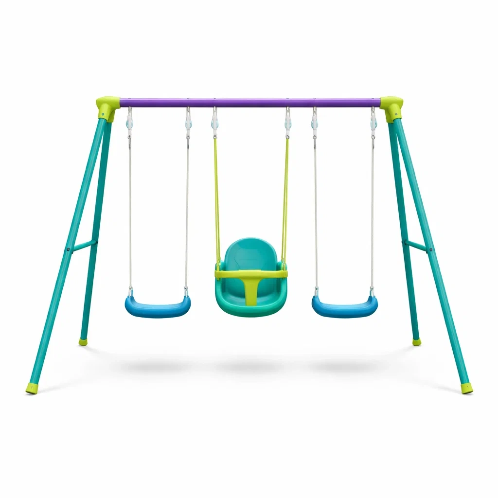Altalena tripla con struttura in acciaio e sedili in plastica, multicolore-FURNICRATE