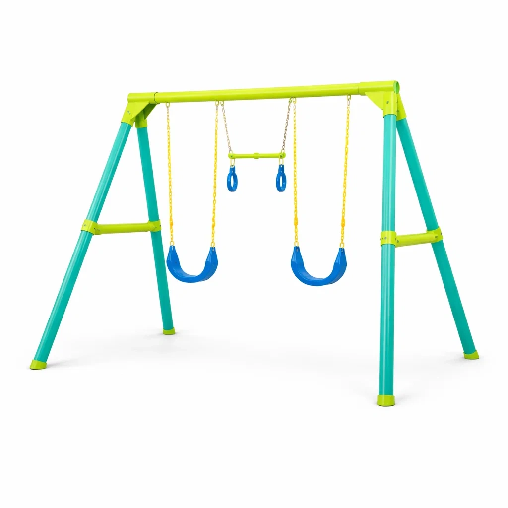 Altalena per bambini con struttura in metallo blu/verde-FURNICRATE