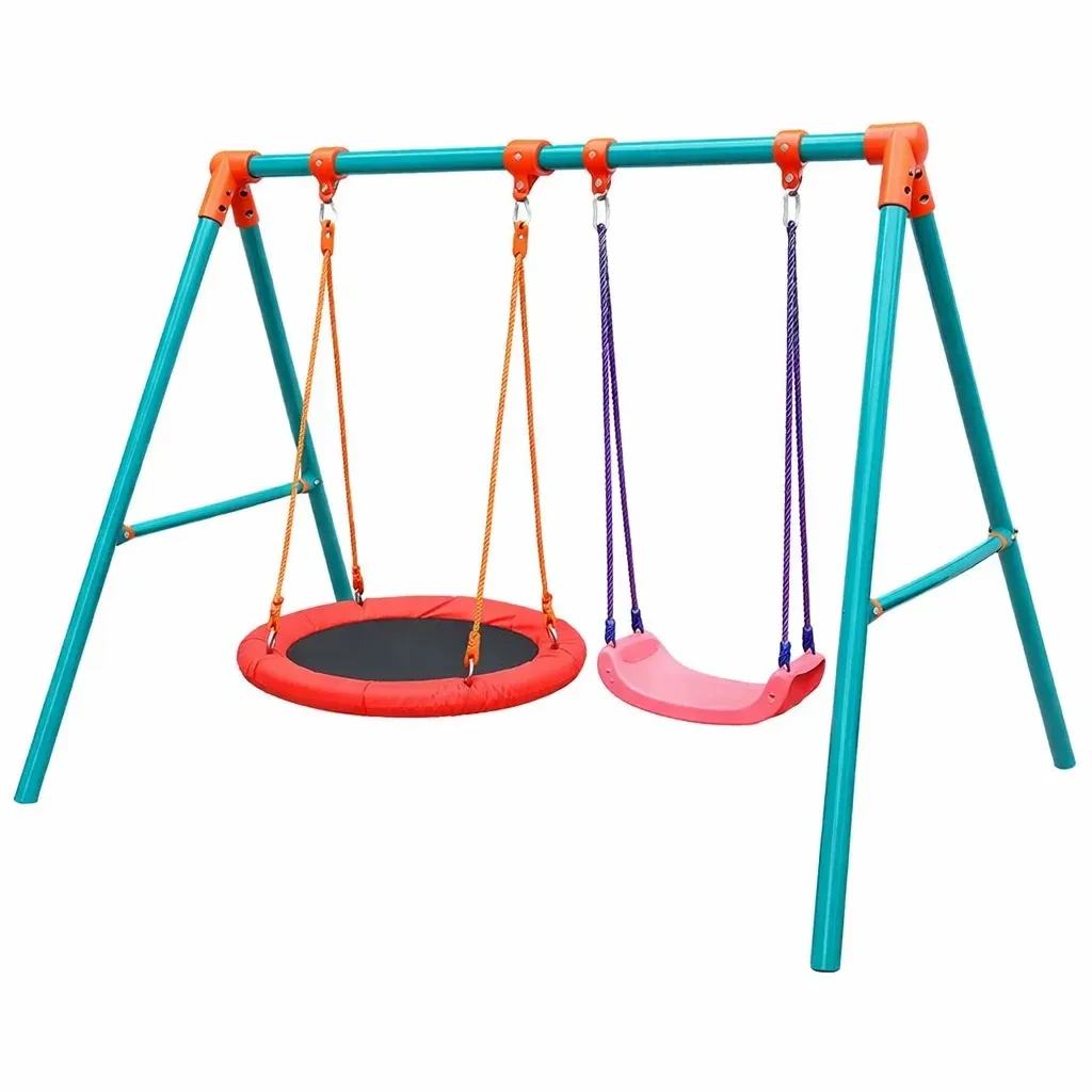 Altalena doppia per bambini in acciaio con sedile piatto e seggiolino circolare-FURNICRATE