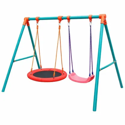 Altalena doppia per bambini in acciaio con sedile piatto e seggiolino circolare-FURNICRATE