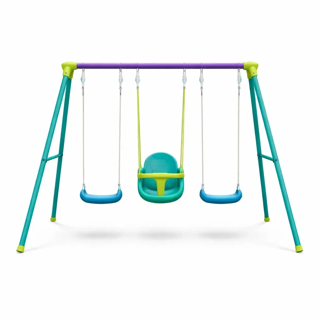 Altalena tripla con struttura in acciaio e sedili in plastica, multicolore-FURNICRATE
