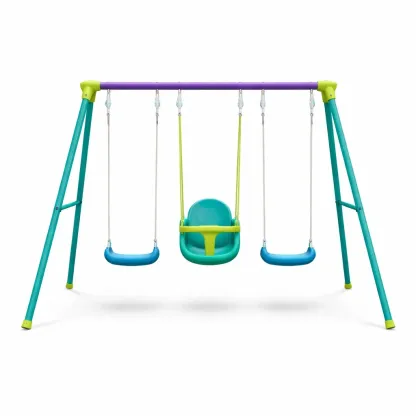 Altalena tripla con struttura in acciaio e sedili in plastica, multicolore-FURNICRATE