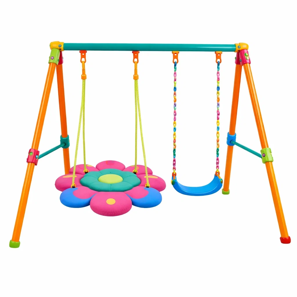 Altalena per Bambini con Seduta a Fiore e in Plastica Multicolore, Struttura in Metallo-FURNICRATE