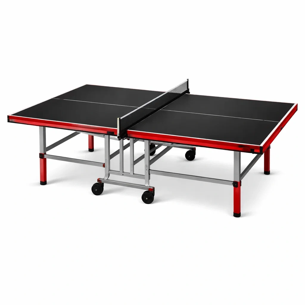 Tavolo da Ping Pong in Legno MDF e Acciaio Pieghevole Nero Rosso-FURNICRATE