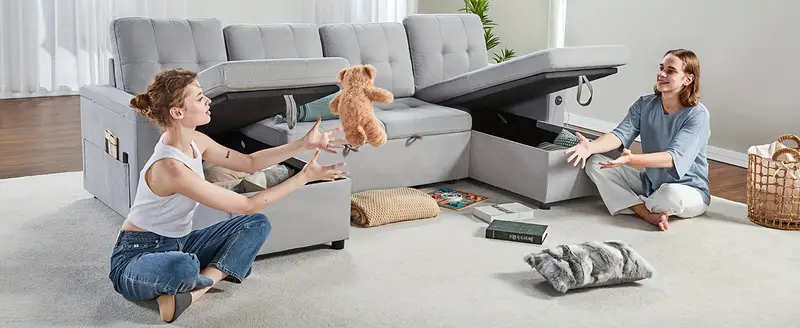 84 inch pull out couch tufted sofa bed with 2 usb cup holders l shape sleeper sofa with storage chaise light grey details 1