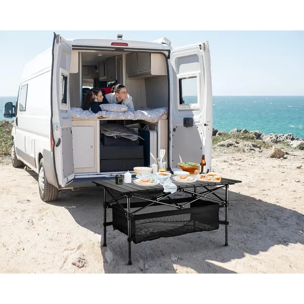 Mesa de playa enrollable ultracompacta, portátil y liviana con amplio espacio de almacenamiento y bolsa de transporte, ideal para acampar, hacer picnics y viajar.