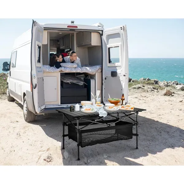 Mesa de playa enrollable ultracompacta, portátil y liviana con amplio espacio de almacenamiento y bolsa de transporte, ideal para acampar, hacer picnics y viajar.