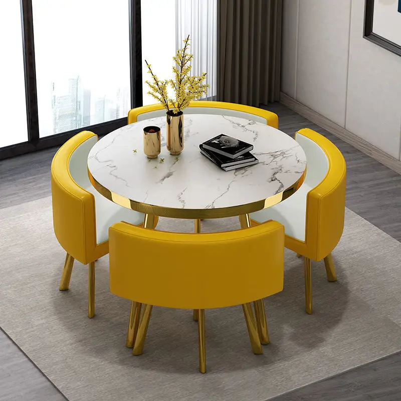 Juego de mesa de comedor redonda de mármol de 80 cm con 4 sillas, mesa central moderna de madera, muebles de apartamento blancos de lujo