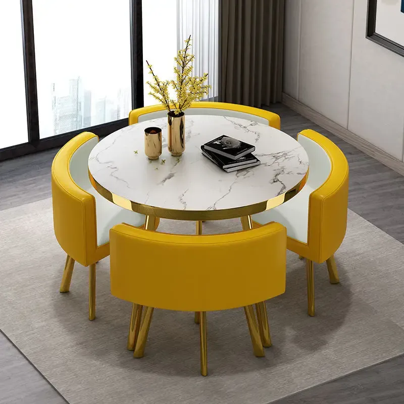 Juego de mesa de comedor redonda de mármol de 80 cm con 4 sillas, mesa central moderna de madera, muebles de apartamento blancos de lujo