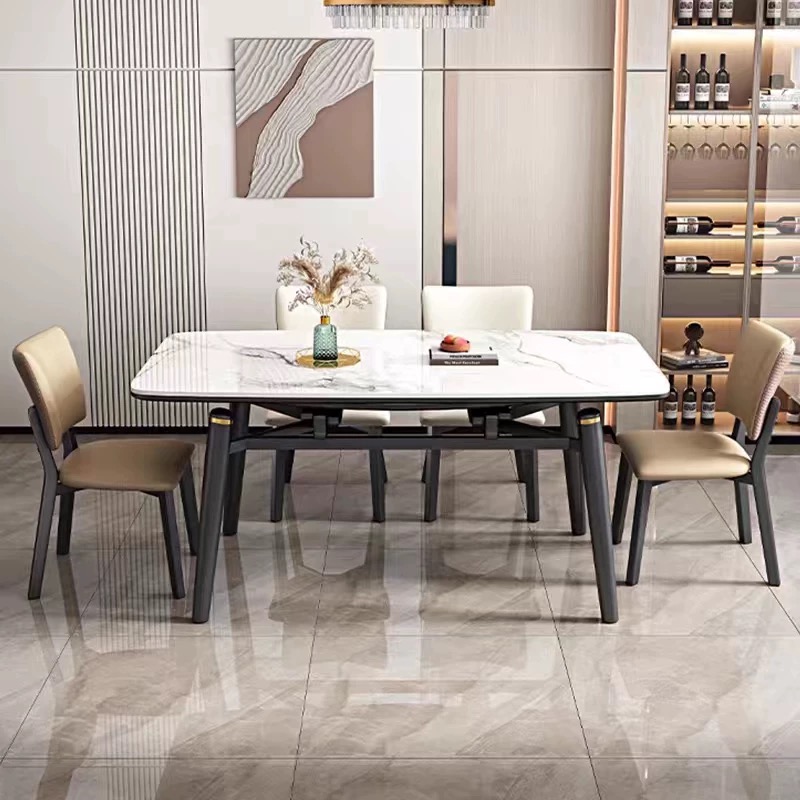 Juego de mesa de comedor rectangular plegable y extensible de lujo de madera maciza de mármol con sillas para 4 y 6 personas, muebles de cocina redondos.