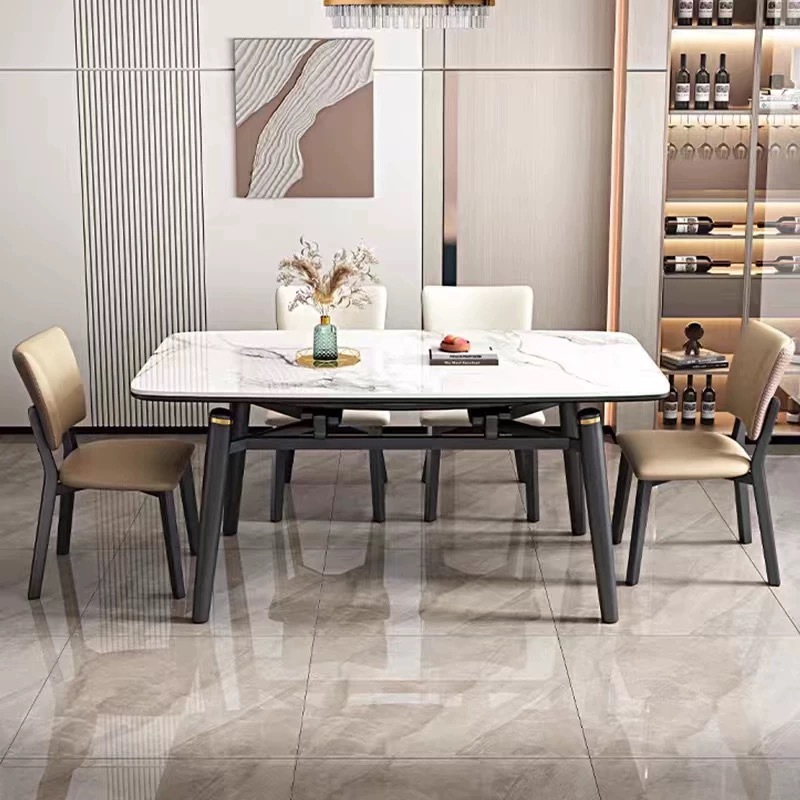 Juego de mesa de comedor rectangular plegable y extensible de lujo de madera maciza de mármol con sillas para 4 y 6 personas, muebles de cocina redondos.