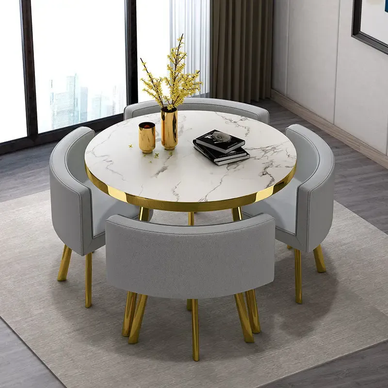 Juego de mesa de comedor redonda de mármol de 80 cm con 4 sillas, mesa central moderna de madera, muebles de apartamento blancos de lujo