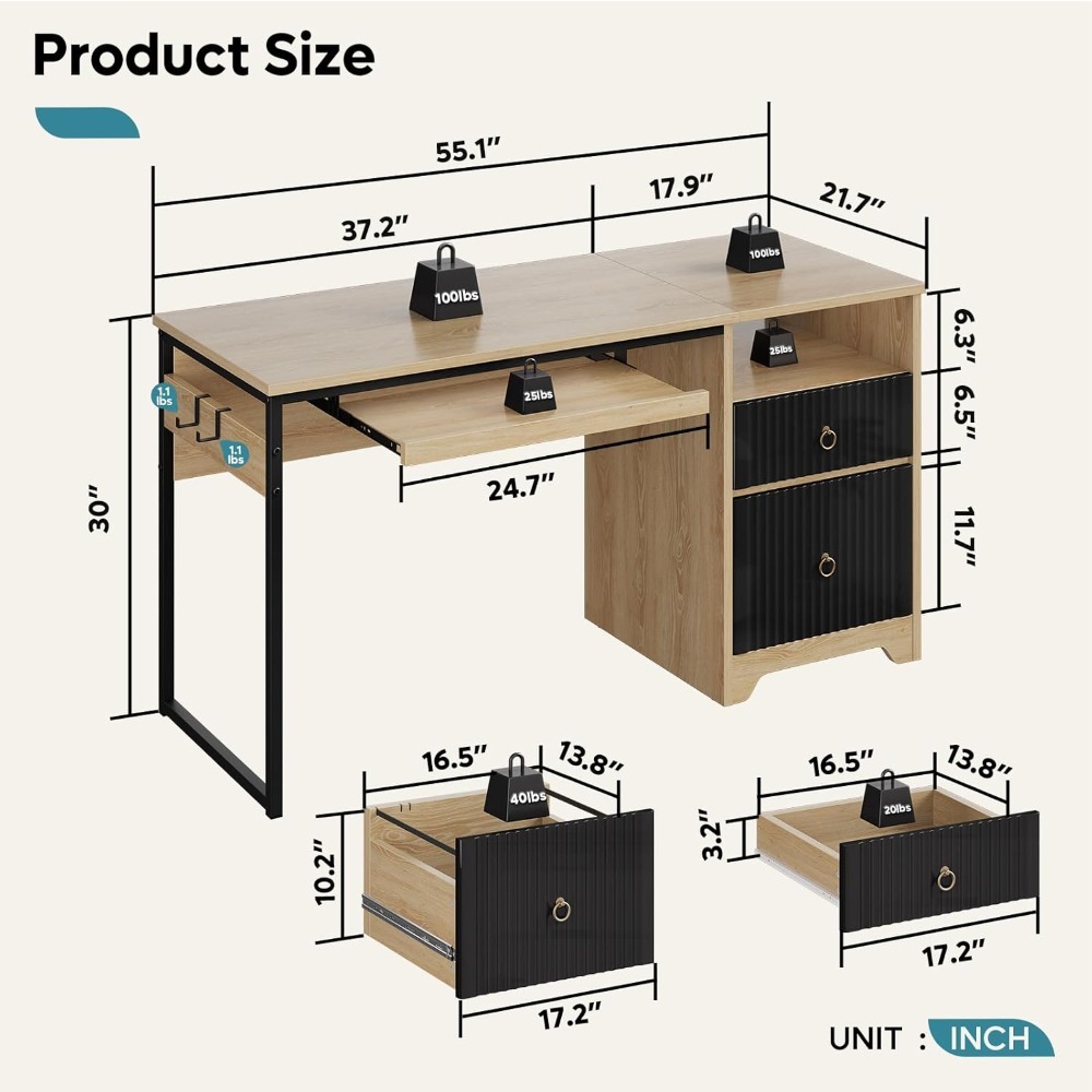 Escritorio de computadora de 55 pulgadas con bandeja para teclado, escritorio de oficina moderno con almacenamiento