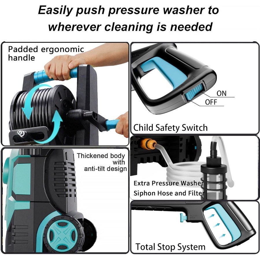 Hidrolavadora mejorada de 5000 PSI con control de pantalla táctil ajustable de 8 niveles, diseño de 34 pulgadas de alto para una limpieza eficiente de cercas de automóviles.