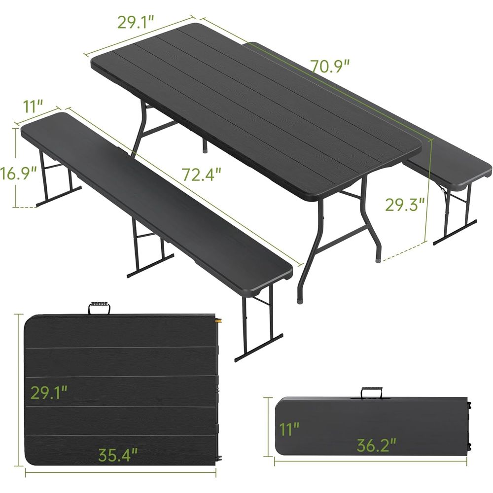 Mesa de picnic de 6' con 2 bancos, 3 piezas, mesa de camping plegable portátil de HDPE con veta de madera negra y bancos para patio, jardín,