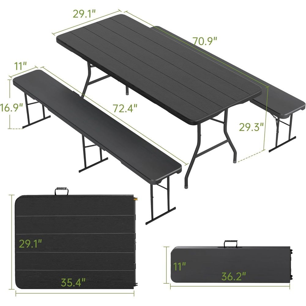 Mesa de picnic de 6' con 2 bancos, 3 piezas, mesa de camping plegable portátil de HDPE con veta de madera negra y bancos para patio, jardín,
