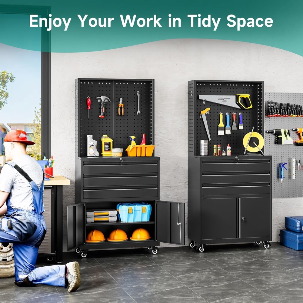 Gabinete de almacenamiento de metal con ruedas y cajones, gabinete de almacenamiento de garaje rodante con cerradura, gabinete de herramientas de metal negro con gancho