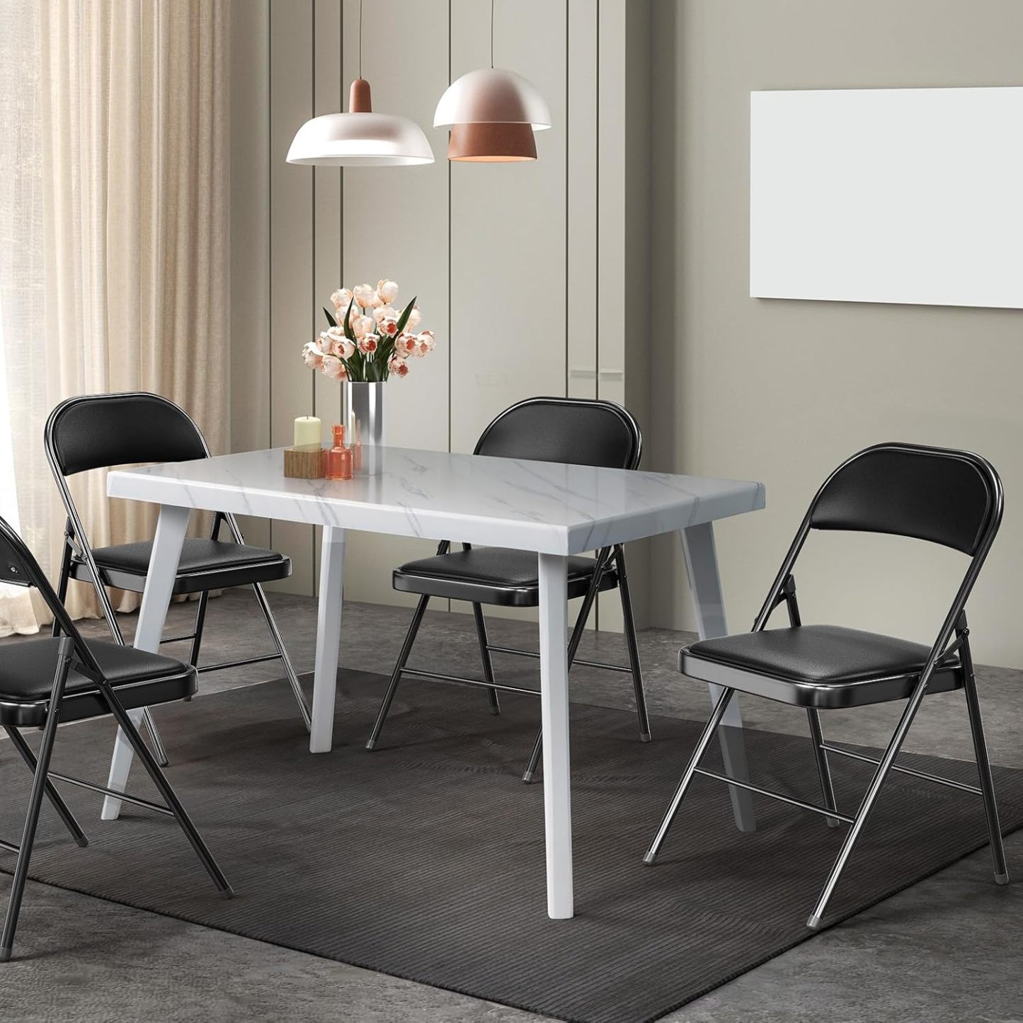 Paquete de 10 sillas plegables con asientos acolchados, estructura de metal con asiento y respaldo de cuero sintético, capacidad de 159 kg, color negro