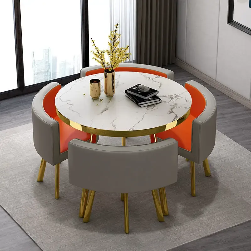 Juego de mesa de comedor redonda de mármol de 80 cm con 4 sillas, mesa central moderna de madera, muebles de apartamento blancos de lujo