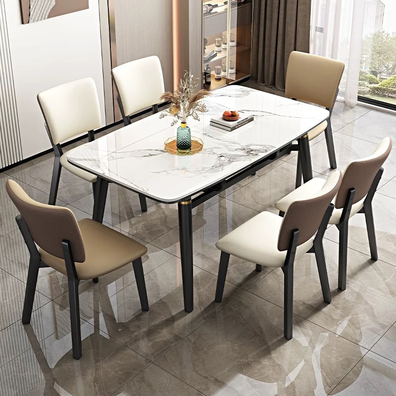 Juego de mesa de comedor rectangular plegable y extensible de lujo de madera maciza de mármol con sillas para 4 y 6 personas, muebles de cocina redondos.