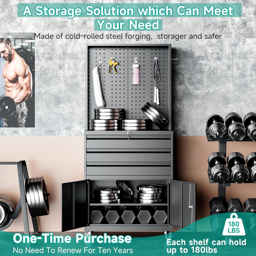 Gabinete de almacenamiento de metal con ruedas y cajones, gabinete de almacenamiento de garaje rodante con cerradura, gabinete de herramientas de metal negro con gancho