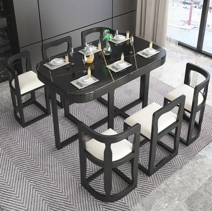 Mesa de comedor de lujo, decoración de comedor, mesa grande de cerámica blanca, mesa de comedor deslizante y juego de sillas.