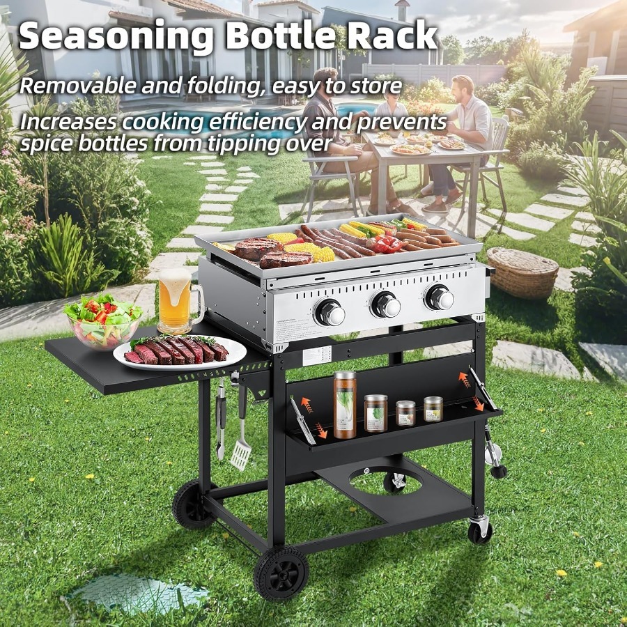 Plancha de gas para exteriores de 3 quemadores y 30000 BTU con tapa, plancha plana portátil de 28 pulgadas, parrilla de hierro fundido resistente en color negro con botella