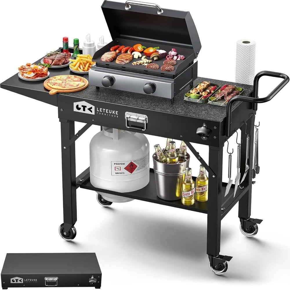 Carrito de parrilla portátil para exteriores con ruedas, mesa plegable para planchas de 17 a 22 pulgadas, estación de preparación de barbacoa con bandeja para condimentos